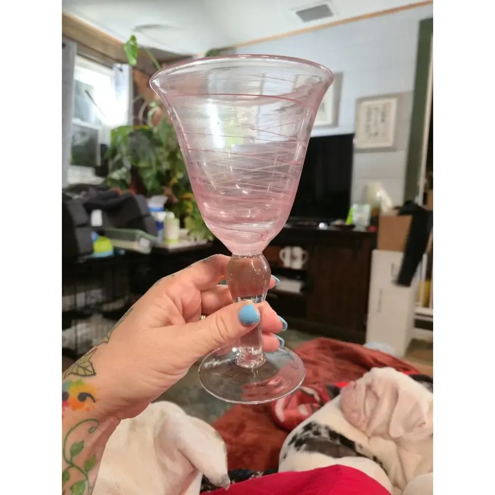(2) Artland Iris PINK Swirled Hand Blown Water/Wine Goblets Glasses 8” Tall